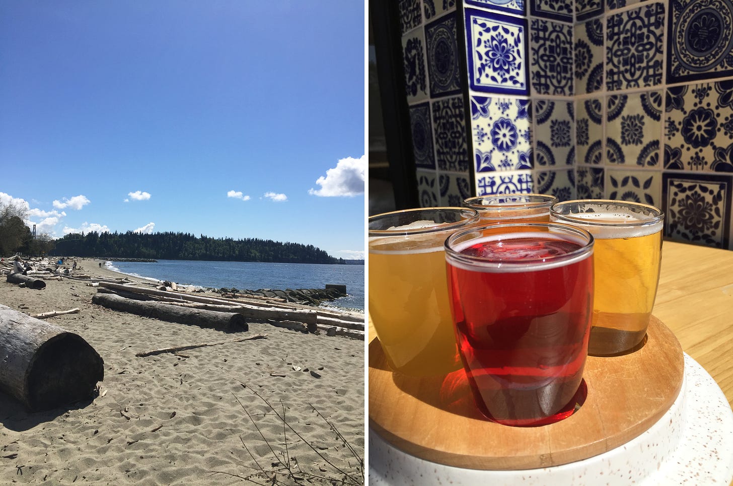 left image: a beach on a bright sunny day with logs in the foreground, and on the horizon, a view of Stanley Park from afar. right image: a flight of four beers on a circular wooden board, with a wall of white and blue Mexican tiles in the background.