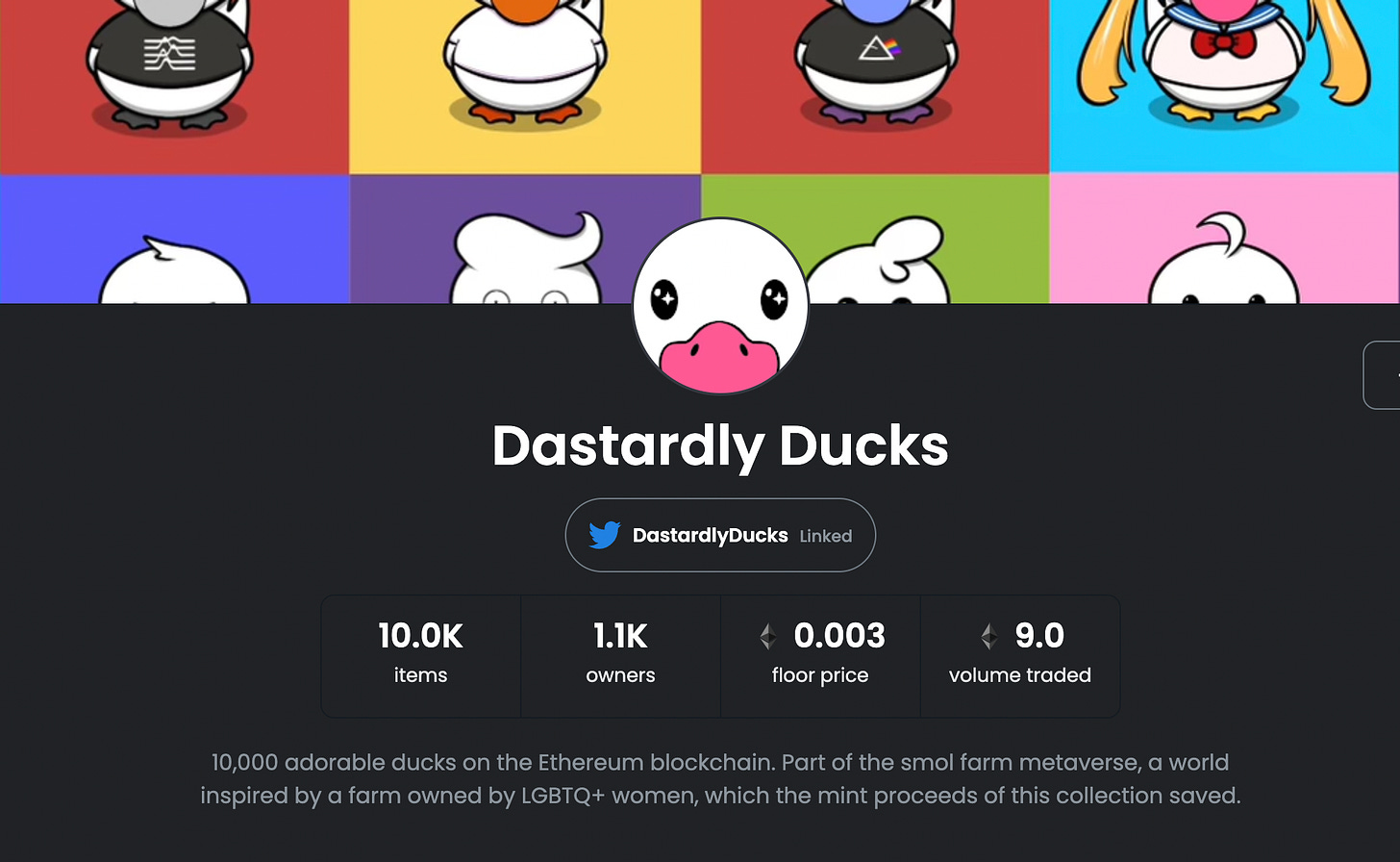A screenshot of Dastardly Ducks on OpenSea