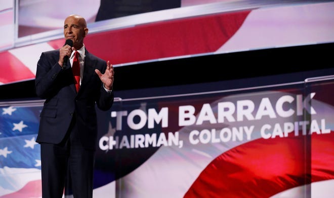 Tom Barrack, founder of Colony Capital, and a close ally of former President Donald Trump, has been arrested for violating foreign lobbying laws. Here he delivers a speech on the fourth day of the Republican National Convention on July 21, 2016 at the Quicken Loans Arena in Cleveland, Ohio.