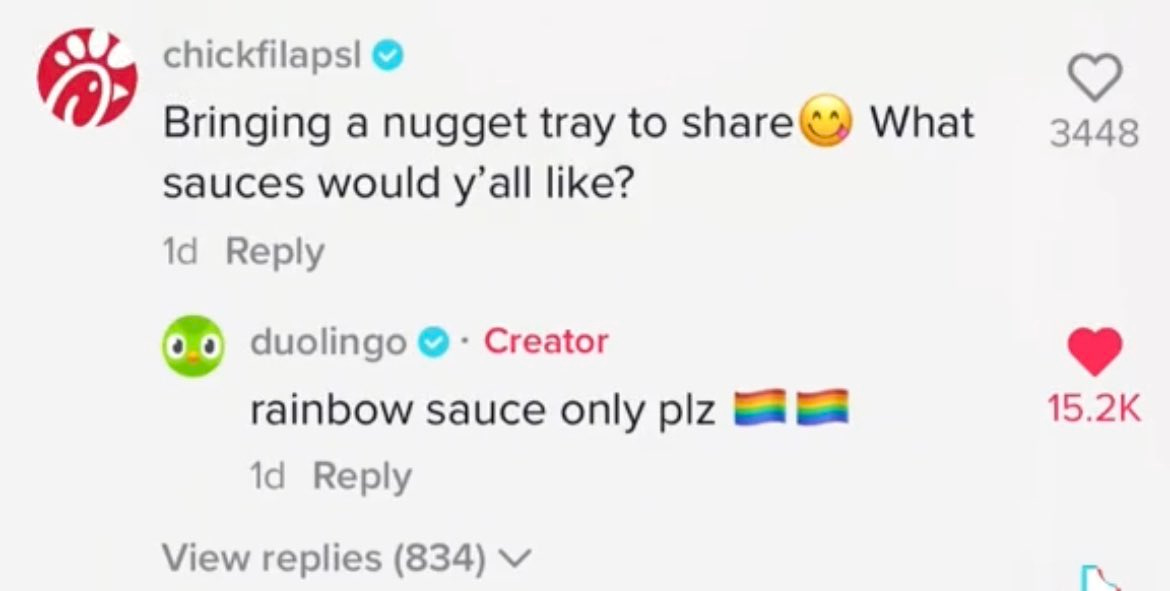 Duolingo replying to a chick fil a comment saying "rainbow sauce only plz"