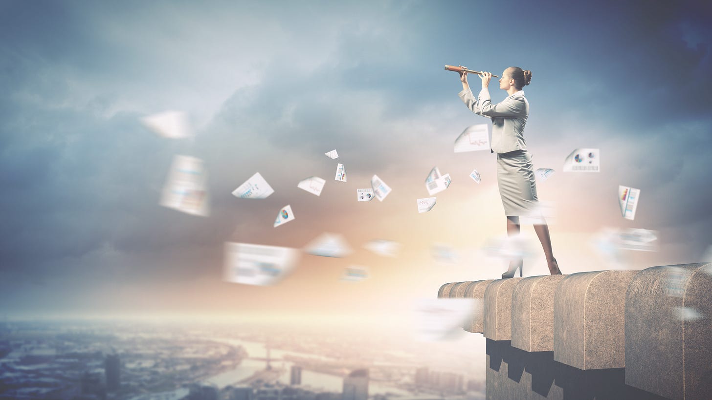 a woman in a business suit using a telescope at the edge of a building with scattered documents flying around