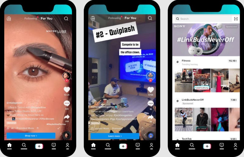 3 smartphone frames with screenshot stills of TiKTok ads for various products featured