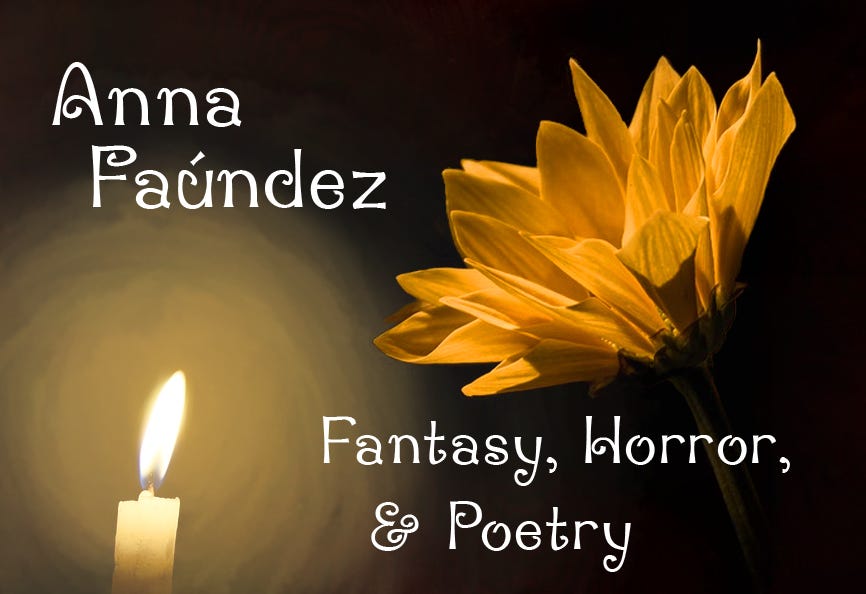 Candle and partially opened sunflower. The text says: Anna Faúndez. Fantasy, Horror, and Poetry