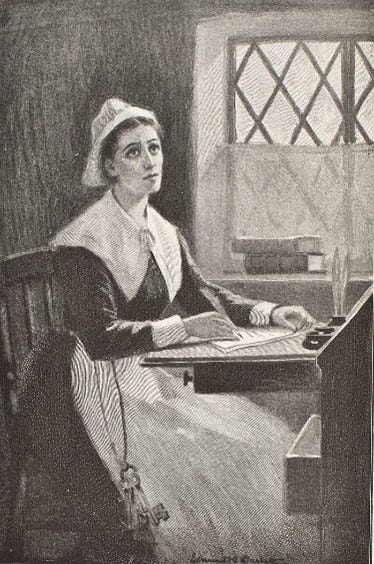 19th century illustration of Puritan woman seated at desk, writing with quill, looking soulful