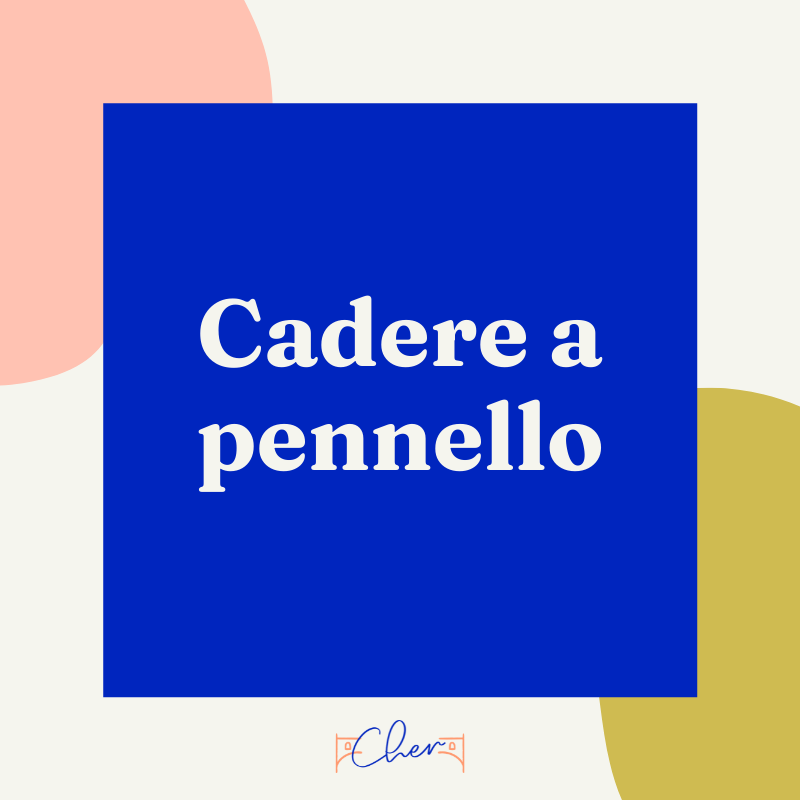 Beige background with pink and yellow abstract shapes sit behind a blue square with text that reads Cadere a pennello