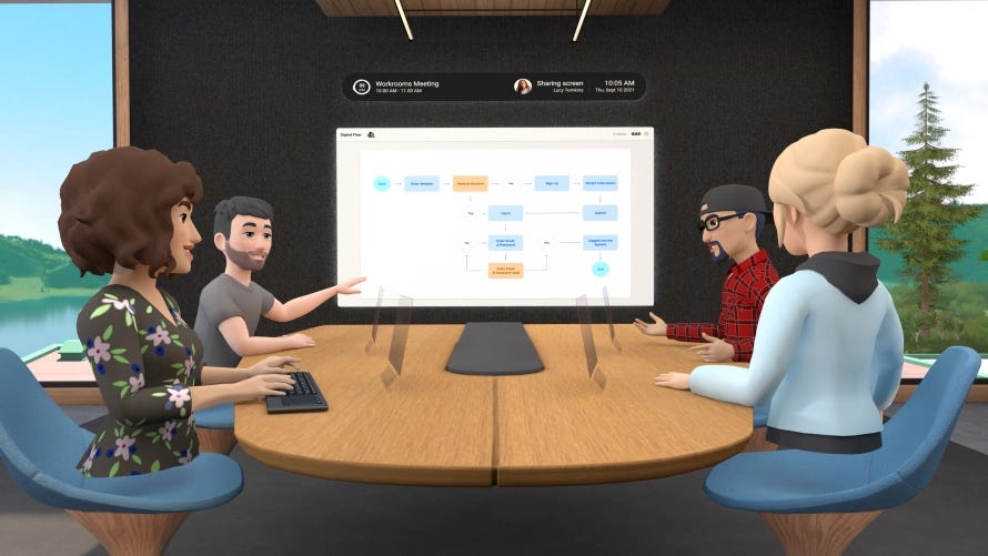 Imagem mostra um ambiente de realidade virtual, semelhante a de um game, com quatro avatares sentados em uma mesa, diante de um monitor com uma apresentação, simulando uma reunião de trabalho.