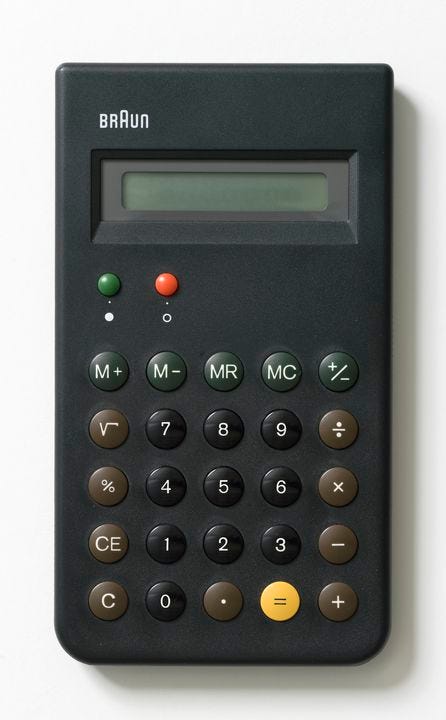 2012/33/1 Calculator, leaflet and packging, Braun ET66, plastic / metal / electronic components / paper, designed by Dieter Rams and Dietrich Lubs, for Braun AG, Germany, made in Hong Kong, 1987. Click to enlarge.