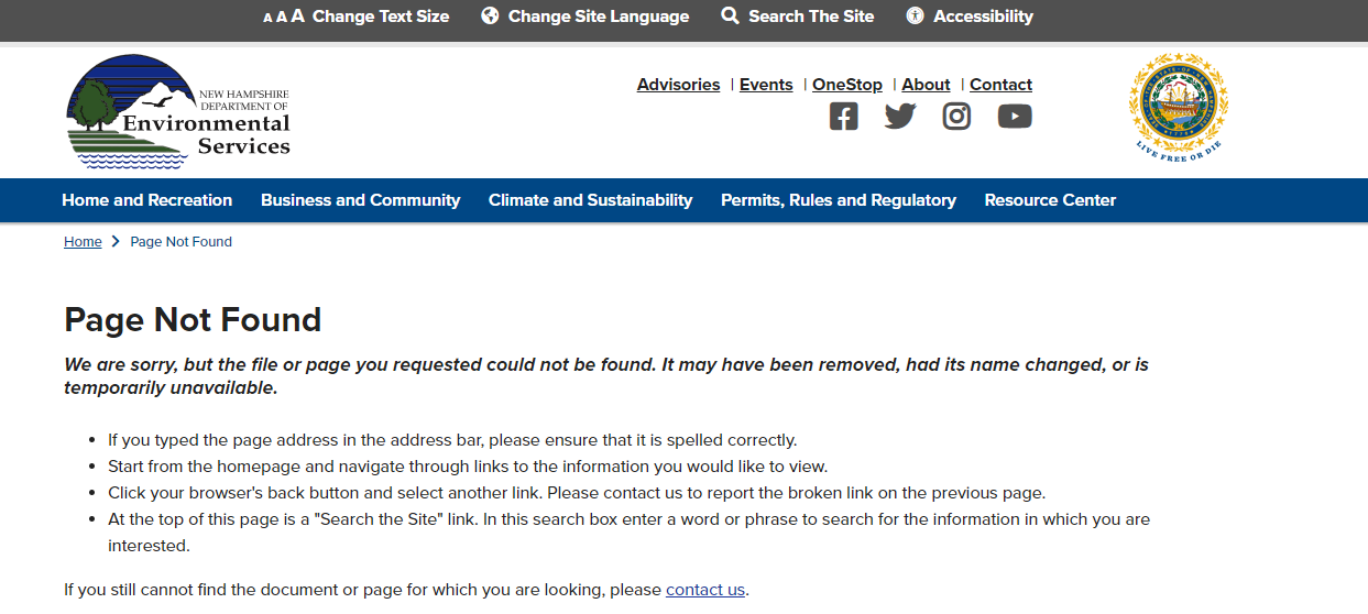 screenshot of the NH Env Dept Services site saying Page Not Found