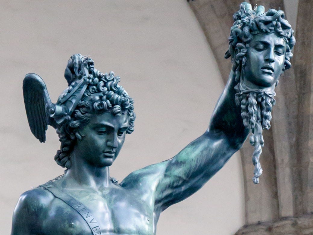 Cellini statue of Perseus holding Medusa’s head aloft in victory.