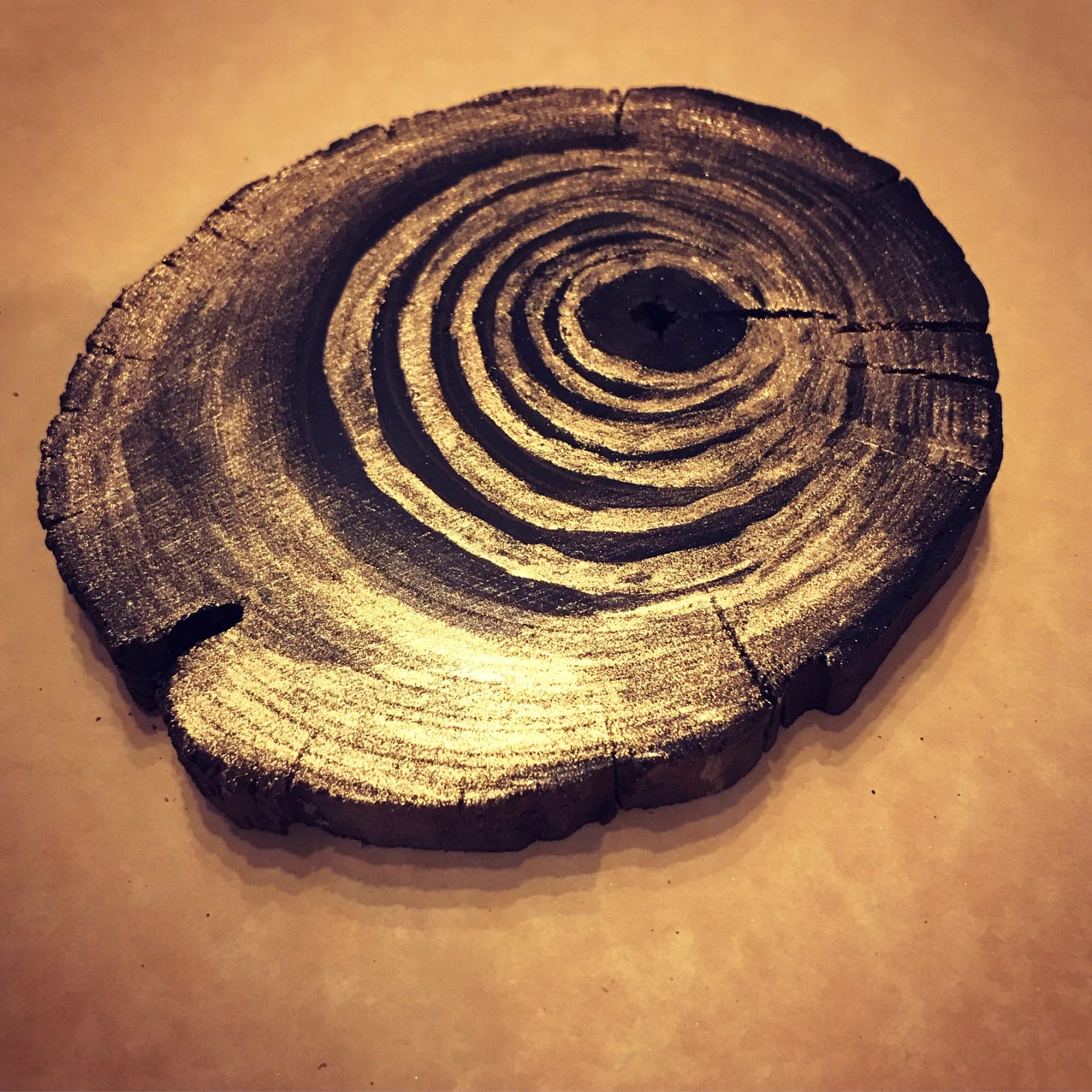slice of a tree showing the rings, which I have illuminated with my homemade gold ink –a conceptual piece for #Inktober about accumulation of pollution in tree rings near copper mining & smelting operations, something I’ve worked magic with in my book, based on my experiences in SLC
