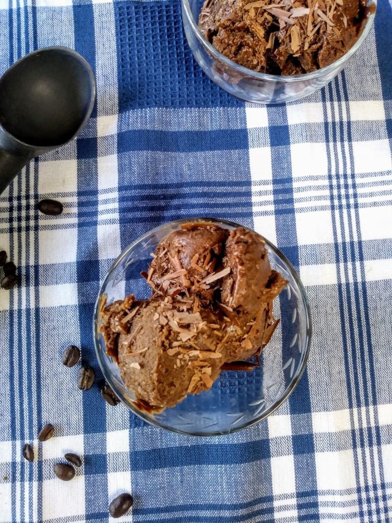 chocolate mocha nice cream in bowls with scoop