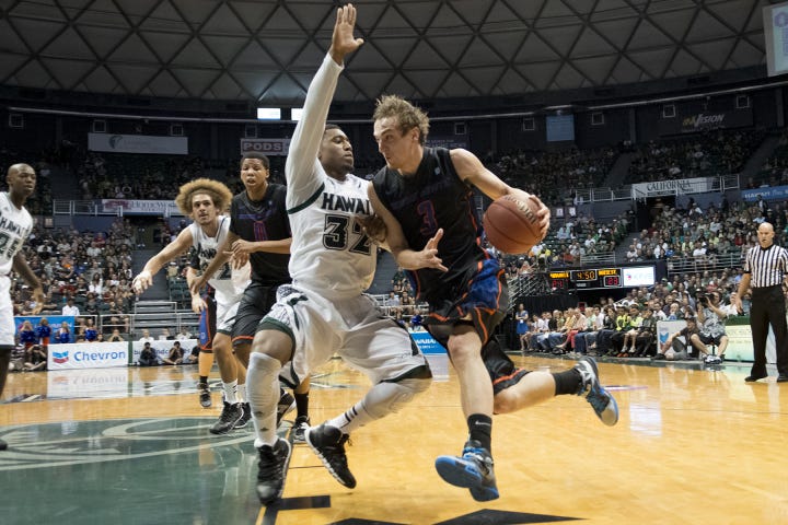 Drmic on the drive against Hawaii at the Diamond Head Classic - Courtesy John Kelly via Boise State Athletics