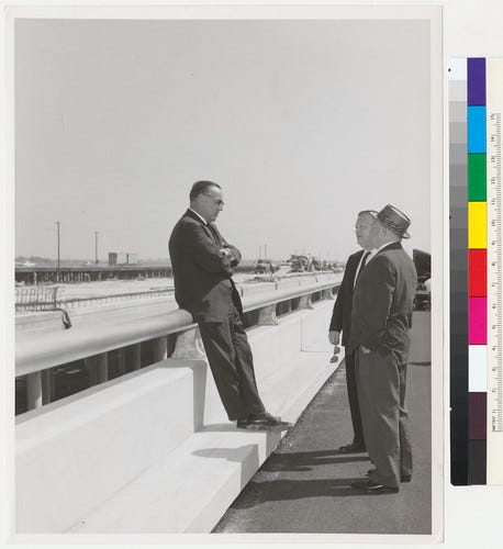 Governor Edmund G. Brown, State Highway Engineer J.C. Womack and Bradford on a Yolo Causeway inspection visit