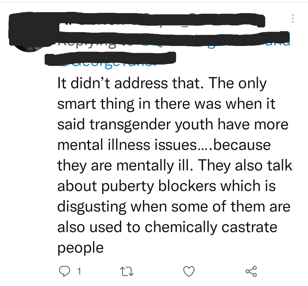 tweet referring to gender-affirming care as chemical castration