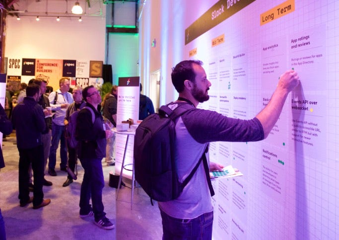A developer dot voting on an interactive product roadmap at a conference