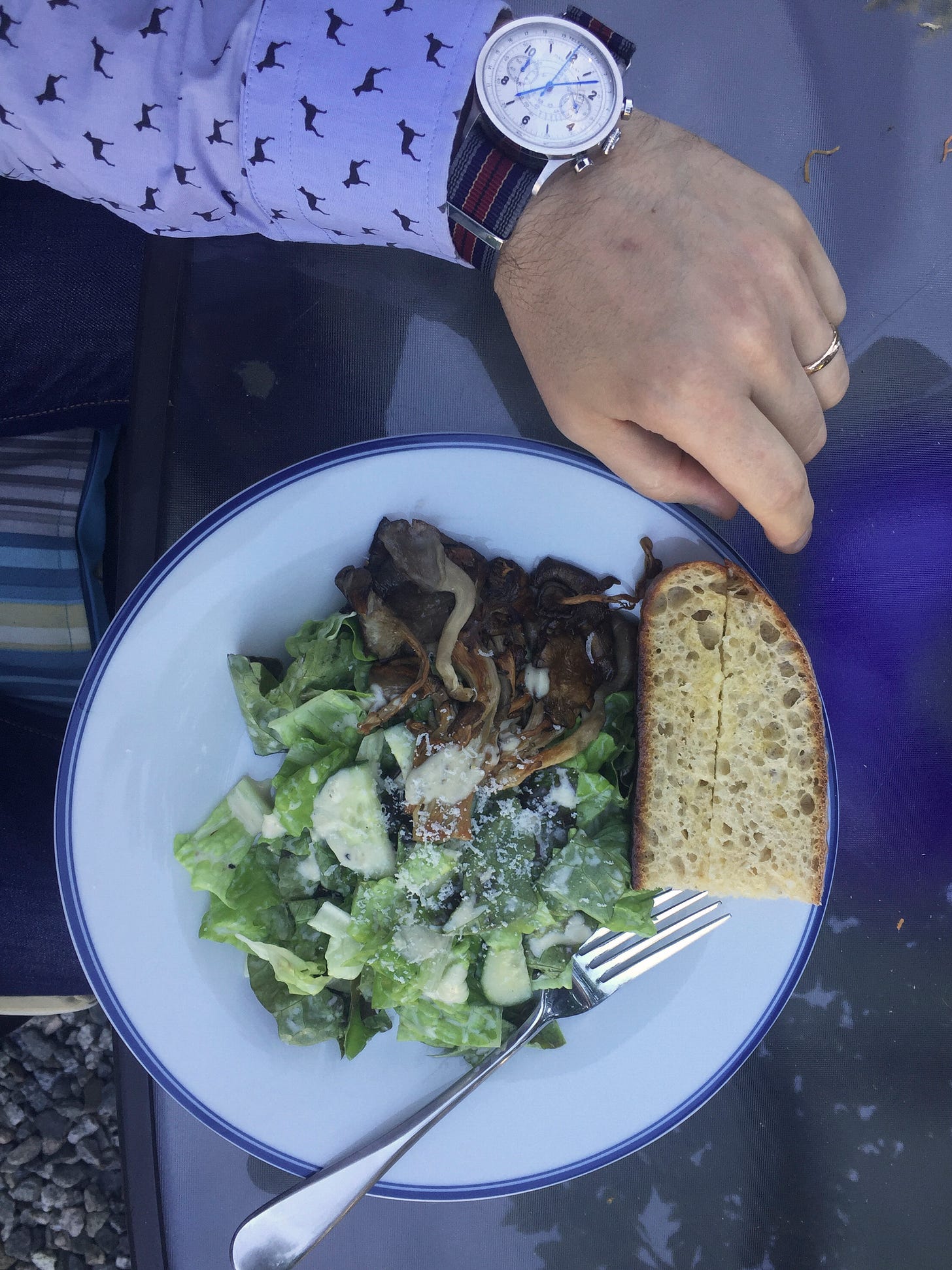 A dinner plate with a Caesar salad on it, pieces of cucumber and finely grated parmesan cheese on top. Draped over one side is a flattened bunch of seared oyster mushrooms, and at the edge of the plate is a large slice of garlic bread. Jeff's hand is visible at the top of the frame.