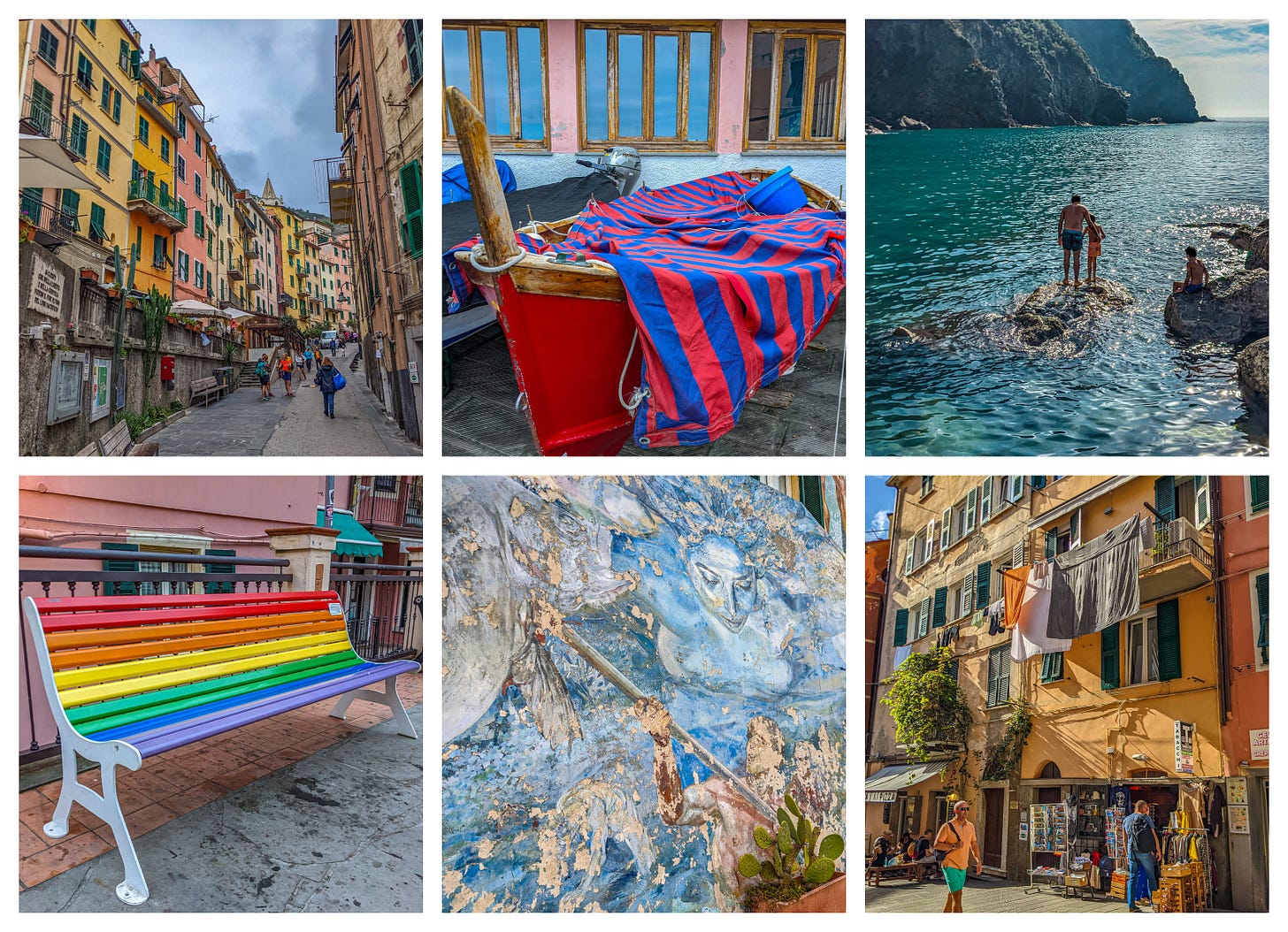 A collection of pictures including a street, a red boat covered with a blue and red striped tarp, a man and his son getting ready to dive into the water, a bench painted with the colors of the gay Pride flag, a mural of a woman, and clothes hanging out to dry. 