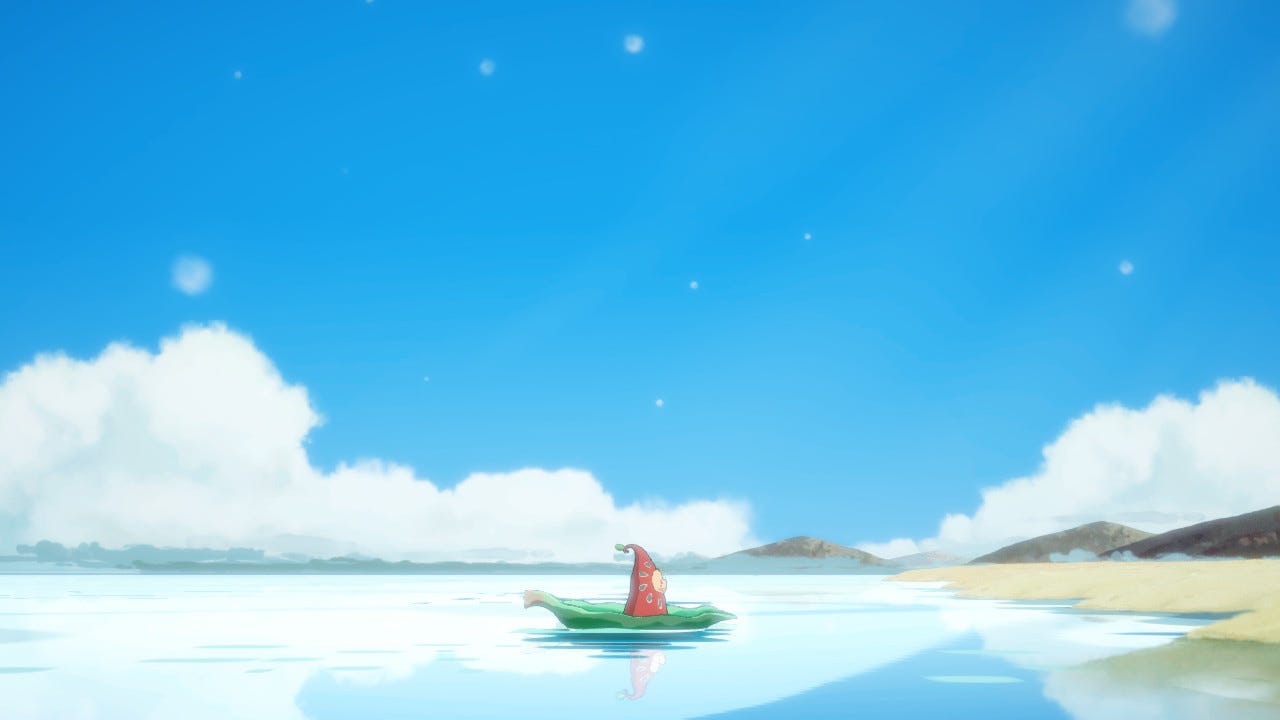 Hoa’s opening sequence: a tiny red forest fairy-type being floats to shore on a leaf, against a dramatic blue sky speckled with clouds.