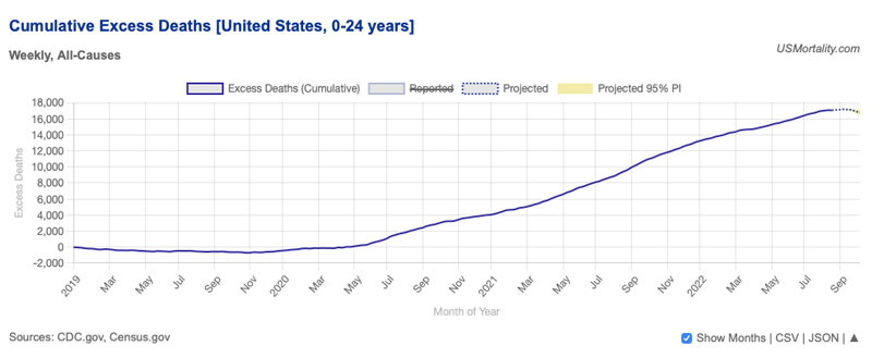 cumulative excess deaths Unites States 0-24 years