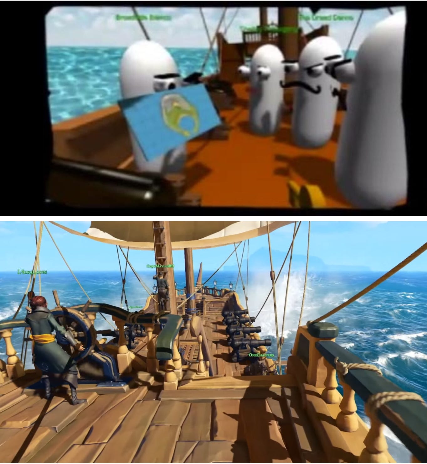 Prototype vs final version. Top image: The prototype of Sea of Thieves (Rare, 2018) developed in the Unity game engine. Bottom: The final version of the game was developed in Unreal Engine 4.