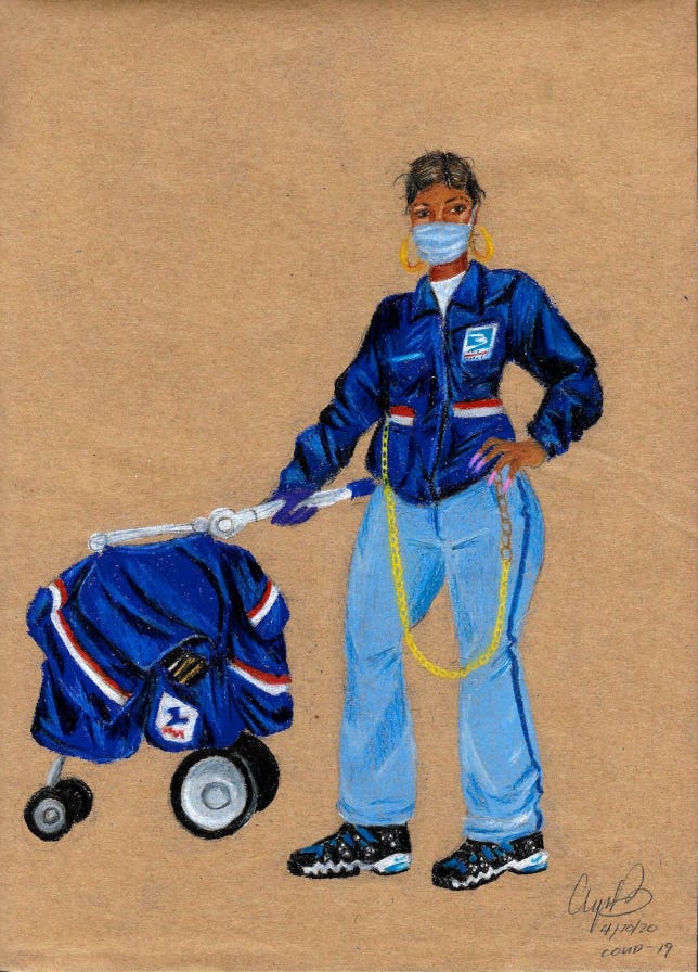 A colored pencil drawing on brown paper of a mail worker wearing a blue USPS uniform, gold chain, hoop earrings, surgical mask and pink acrylic nails. The worker has one hand wearing gloves that holds a mail delivery cart. 