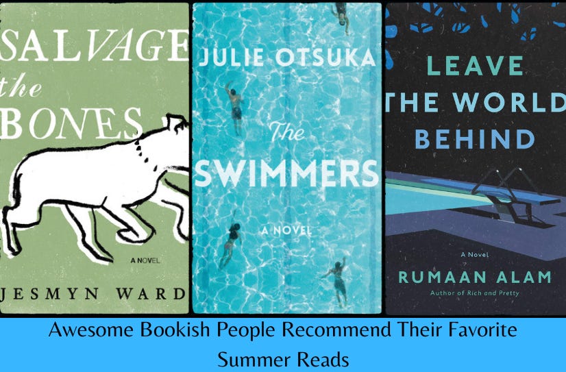 Cover images of the three featured books (minus All This Could Be Different) above the text ‘Awesome Bookish People Recommend Their Favorite Summer Reads’ on a blue background.