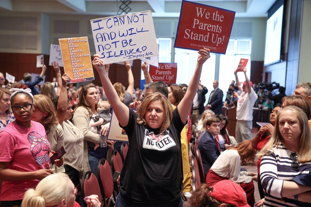 Parents protesting critical race theory at a Loudoun County School Board meeting in Ashburn, Virginia on June 22, 2021.