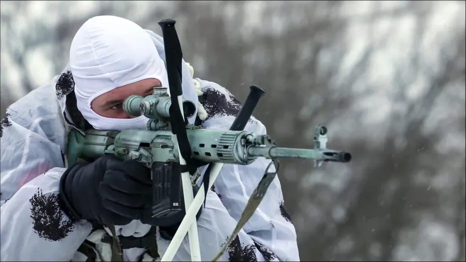 Western Military District sniper soldiers are seen during the tactical drill in Tambov Oblast (Tambovskaya), Russia on February 09, 2022.
