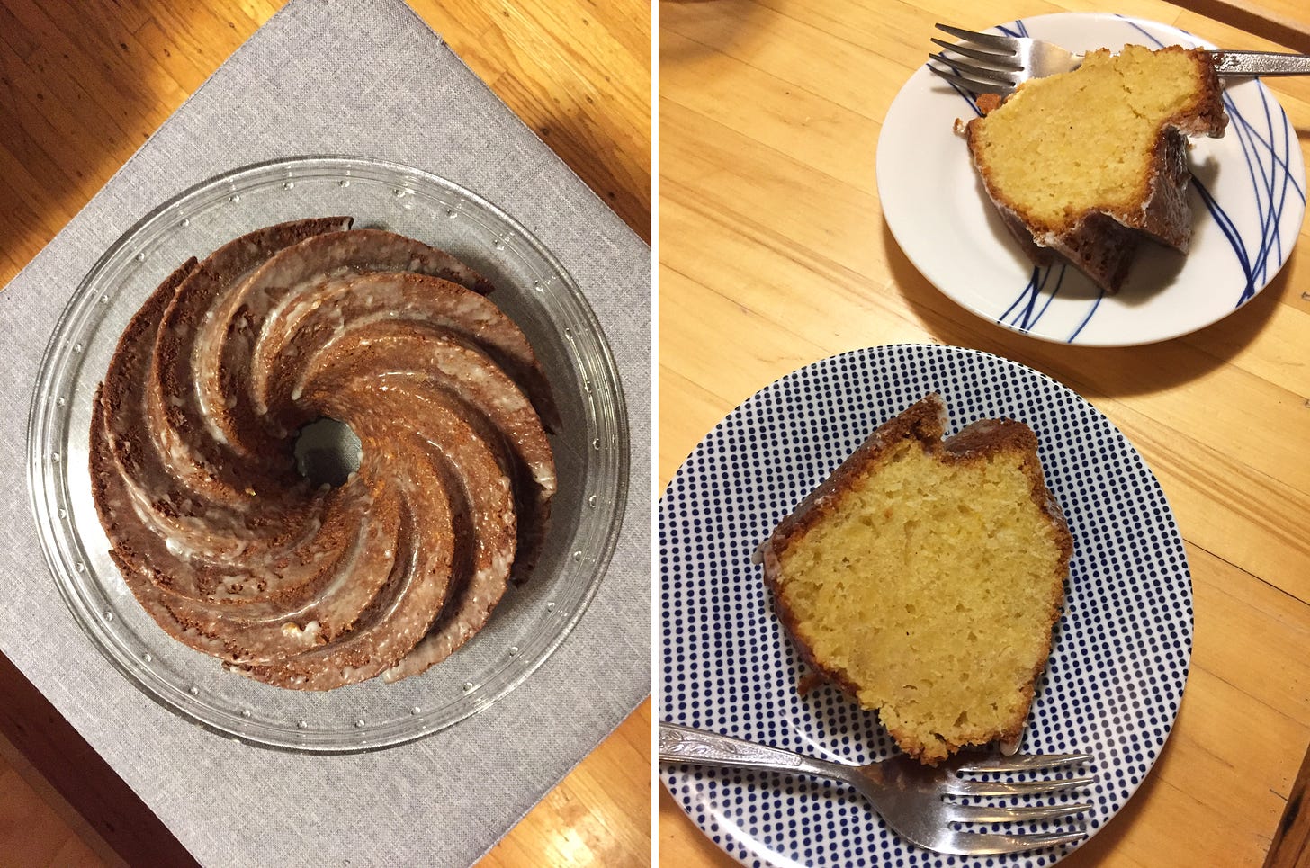 Left image: a spiral bundt cake, browned with a thin glaze, sits on a cake plate on top of a square grey ottoman. Left image: two slices of the cake sit on blue and white plates with forks resting at the edge. The cake has a browned exterior and a yellow interior.