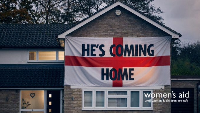 House with England flag across front which says 'He's Coming Home'.