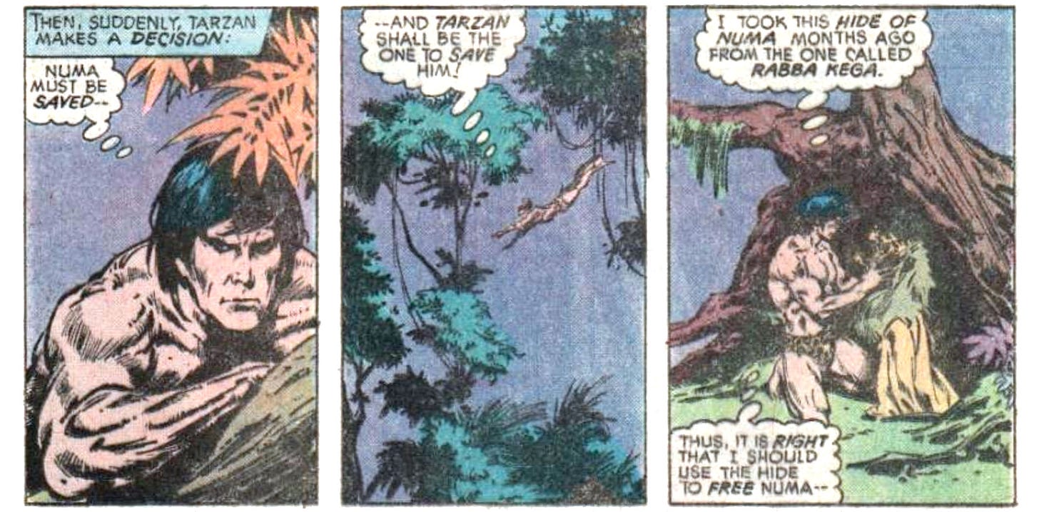 Three panels from this issue showing Tarzan hatching his plan to disguise himself as a lion