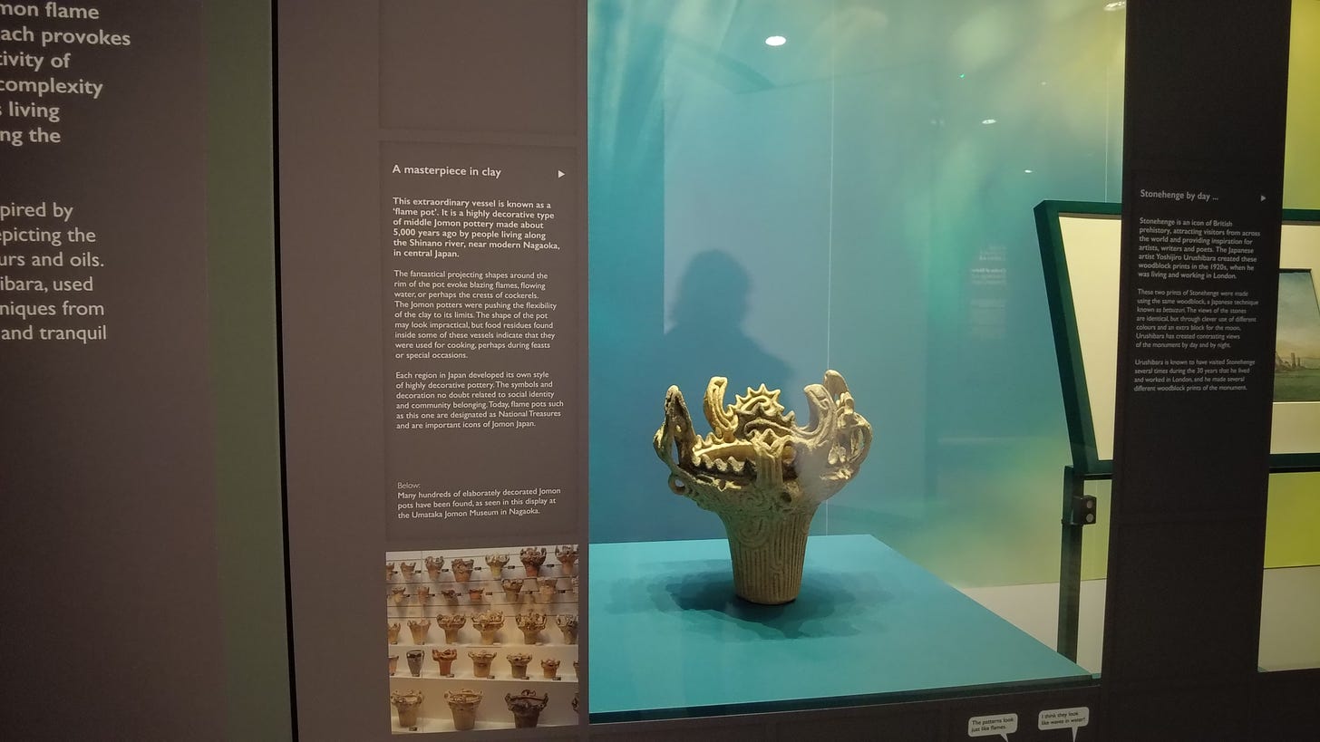 The display's star, the ‘Flame Pot’, is designated in Japan as a national treasure and is a highly decorated type of Jomon ceramic made in central Japan about 5,000 years ago.
