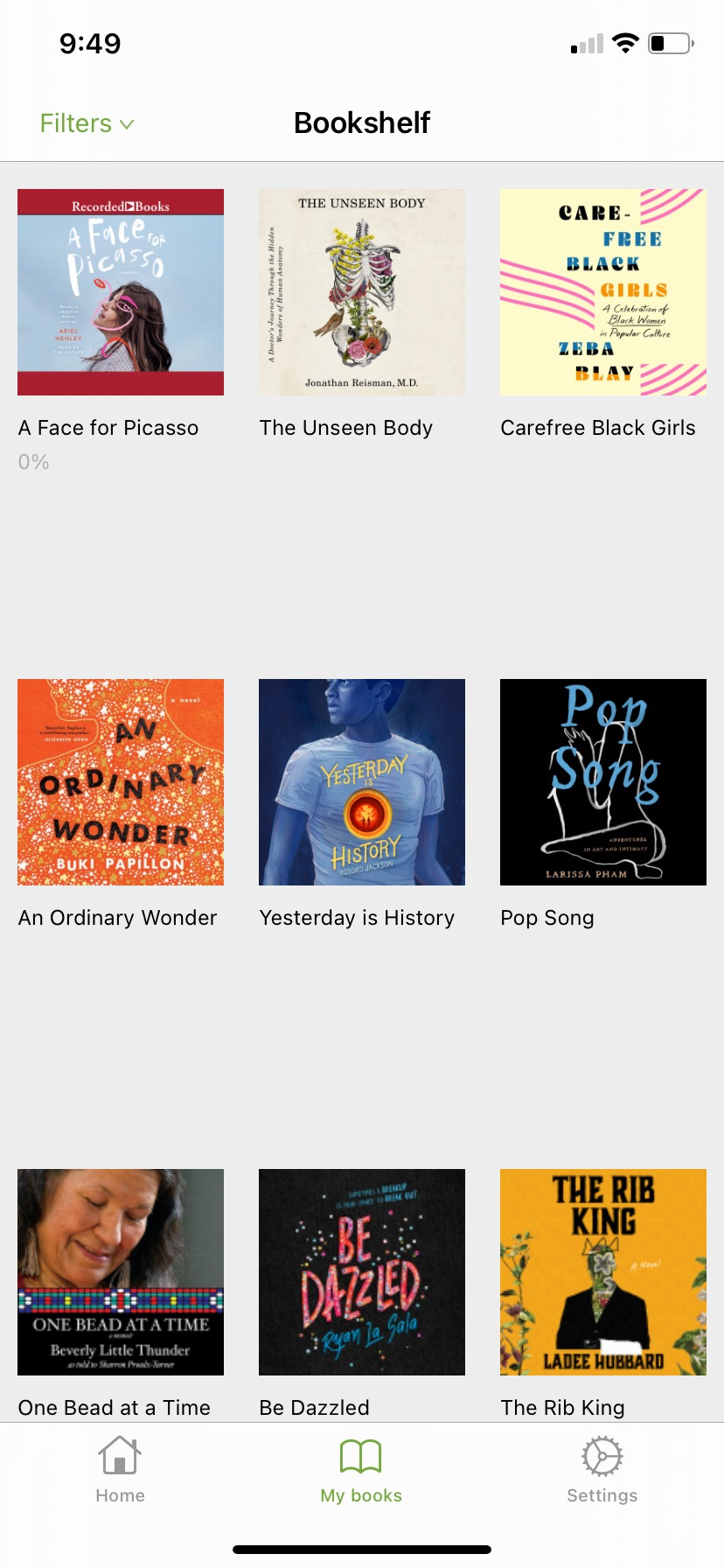 A screenshot of my NetGalley audiobook bookshelf, which shows small images of 9 audiobooks: A Face for Picasso, The Unseen Body, Care-Free Black Girls, My Ordinary Wonder, Yesterday Is History, Pop Song, One Bead at a Time, Be Dazzled, and The Rib King.