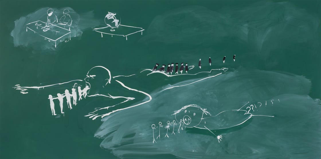 Tala Madani, Blackboard (Further Education), 2021, Oil on linen, 60 × 120 in