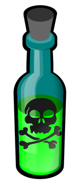 Drawing of dark green bottle with grey stopper. A neon green liquid half fills the bottle which has a black skull and bones symbol on the front.