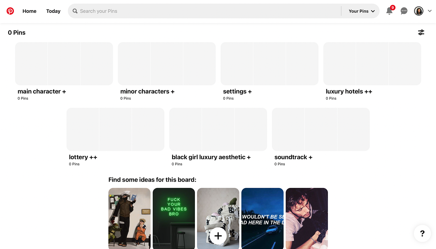 A screenshot of my empty Pinterest moodboard’s sections