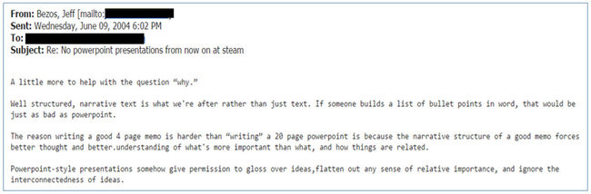 From: Bezos, Jeff Sent: Wednesday, June 09, 2004 6:02 PM. To: [Redacted] Subject: Re: No powerpoint presentations from now on at steam. A little more to help with the question “why.” Well structured, narrative text is what we’re after rather than just text. If someone builds a list of bullet points in word, that would be just as bad as powerpoint. The reason writing a good 4 page memo is harder than “writing” a 20 page powerpoint is because the narrative structure of a good memo forces better thought and better understanding of what’s more important than what, and how things are related. Powerpoint-style presentations somehow give permission to gloss over ideas, flatten out any sense of relative importance, and ignore the interconnectedness of ideas.