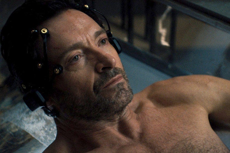 Hugh Jackman as Bannister hooked up to the memory machine.