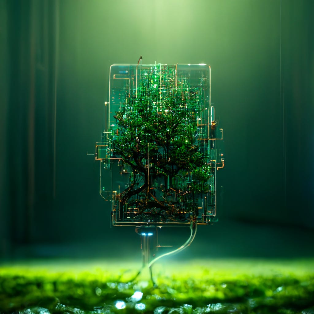 Tree with soil growing on the converging point of computer circuit board, Blue light, wireframe network background, Green Computing, Green Technology, Green IT, csr, and IT ethics Concept, octane render ar 21:9