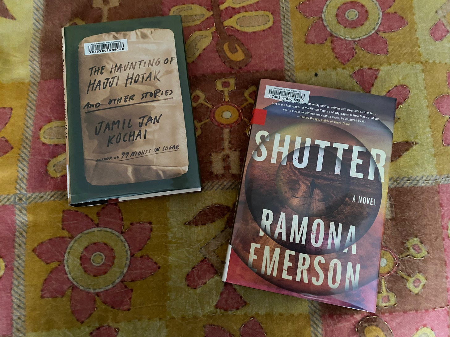 Two library books, The Haunting of Hajji Hotak and Shutter laid out next to each other on a colorful bedspread.