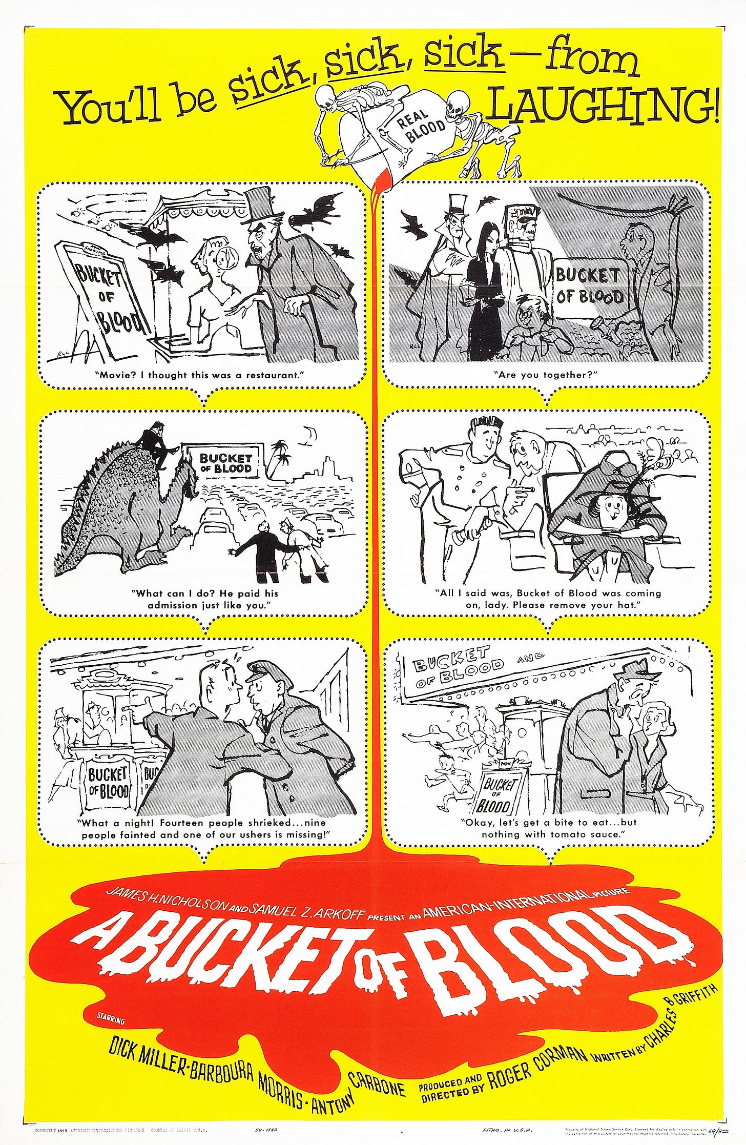 This image shows the one-sheet poster from Roger Corman's 1959 film A Bucket of Blood.