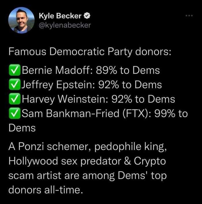 May be an image of 1 person and text that says 'Kyle Becker Famous Democratic Party donors: Bernie Madoff: 89% to Dems Jeffrey Epstein: 92% to Dems Harvey Weinstein: 92% to Dems Sam Bankman-Fried FTX) 99% to Dems A Ponzi schemer, pedophile king, Hollywood sex predato & Crypto scam artist are among Dems' top donors all-time.'