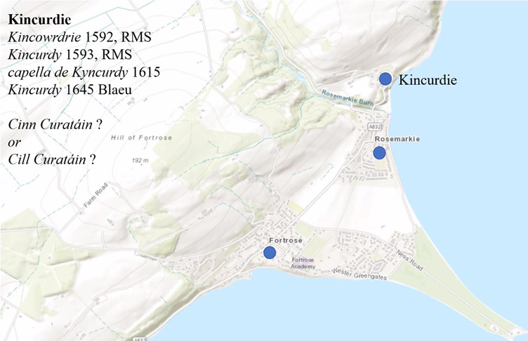 Map by Gilbert Márkus showing a possible ecclesiastical place-name to the north of Rosemarkie: Kincurdie, which may derive from “Cill Curatáin” or “Curetán’s cell”.