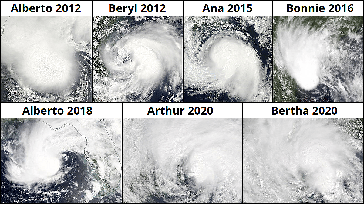 The seven named storms that impacted the U.S. prior to June 1 over 2012-2020.