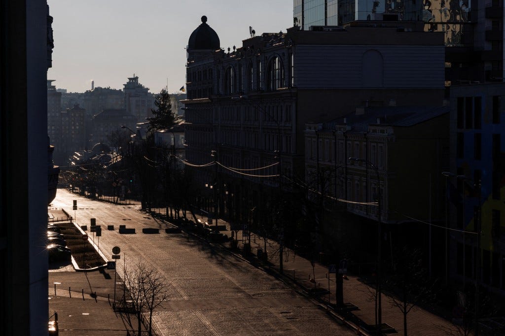 A general view shows an empty street in the early morning of a 35 hour curfew in Kyiv, Ukraine on March 16, 2022.