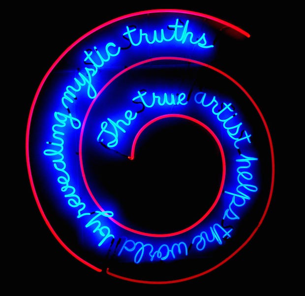 Bruce Nauman, The True Artist Helps the World by Revealing Mystic Truths, 1967, neon and clear glass tubing suspension supports; 149.86 x 139.7 x 5.08 cm (Philadelphia Museum of Art) 