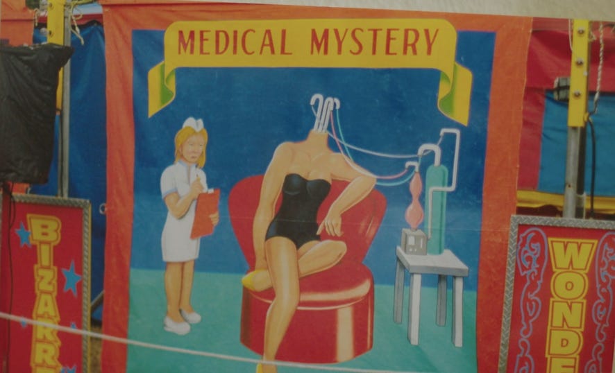 Screenshot from Tessa Fontane's Vimeo showing a sideshow banner titled "medical mystery" with a painting of a nurse next to a headless woman attached to machines