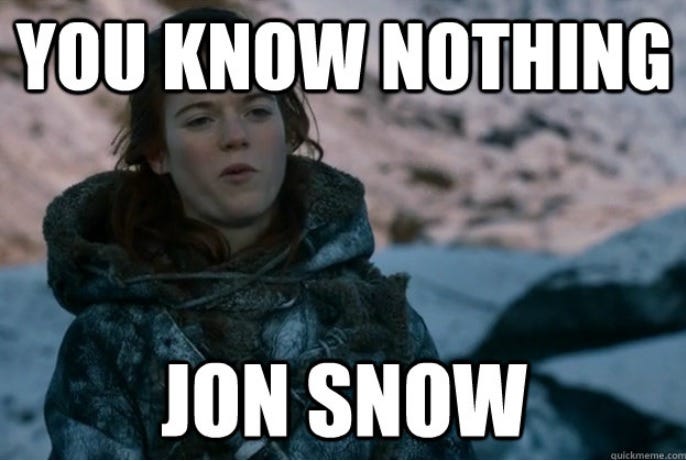 Meme from Game of Thrones with Ygritte saying "You know nothing, Jon Snow'.