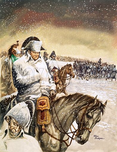Napoleon in the snow looking unhappy