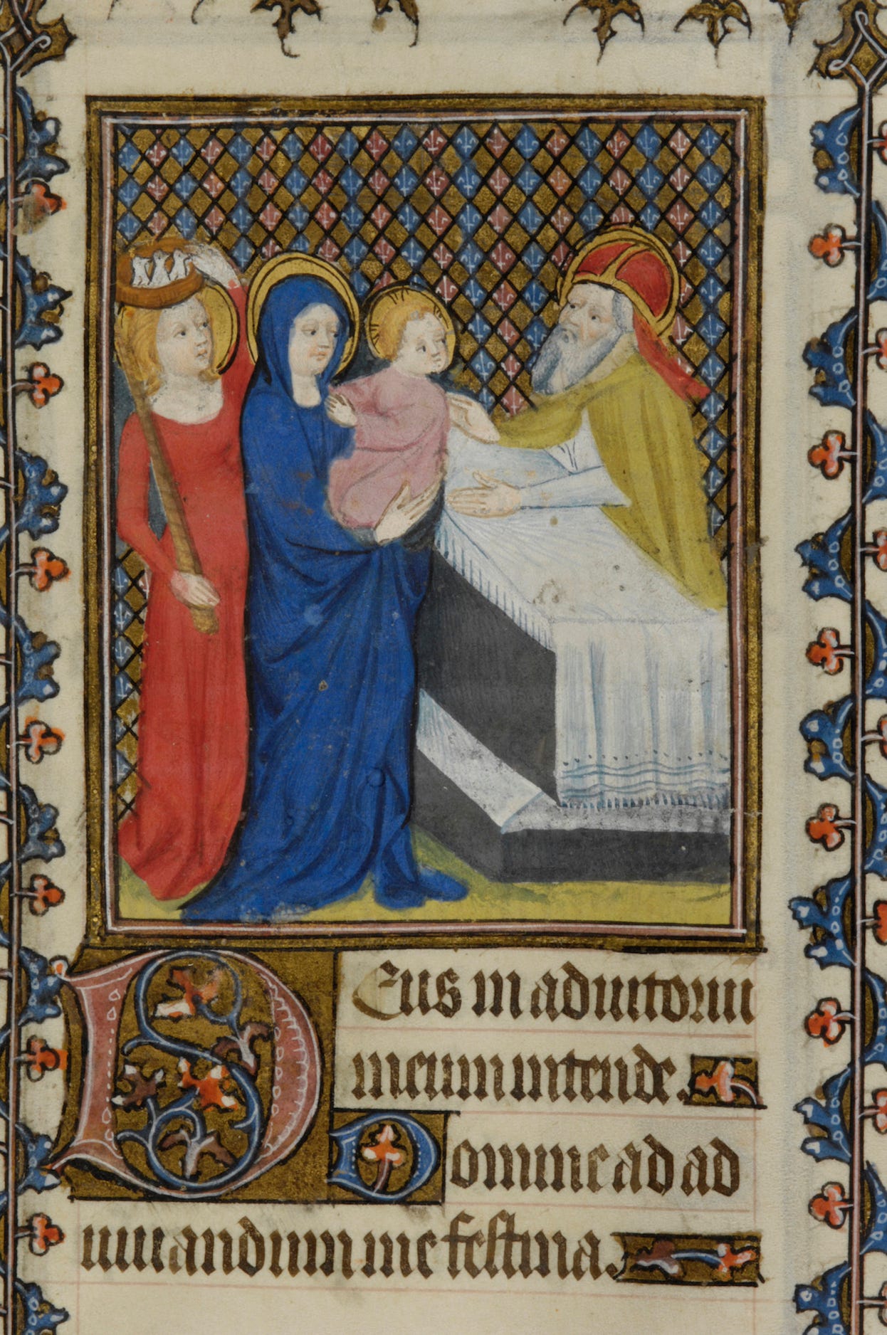 Figure 5. Prophetess Anna balancing basket of three doves on her head and holding candle at the Presentation of Christ. Book of Hours (ca. 1400). New York, Morgan Library S.9, fol. 79r.